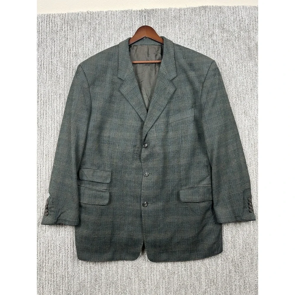 Italian Wool Blazer 44R Fratelli Tallia Di Delfino Dark Green Houndstooth Plaid